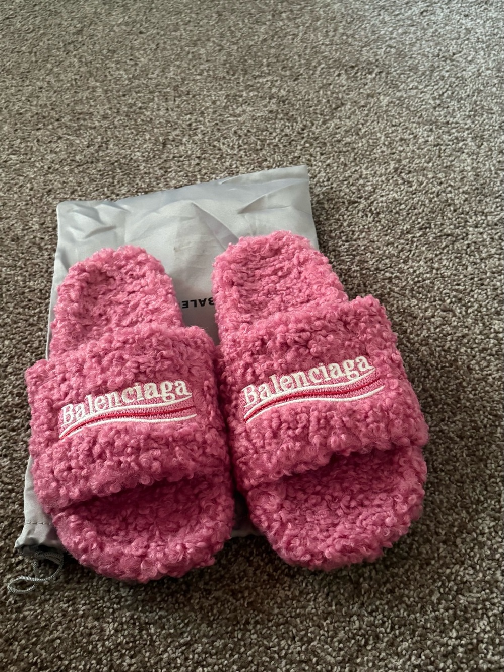 Balenciaga Fuzzy Pink Logo Slide Sandals